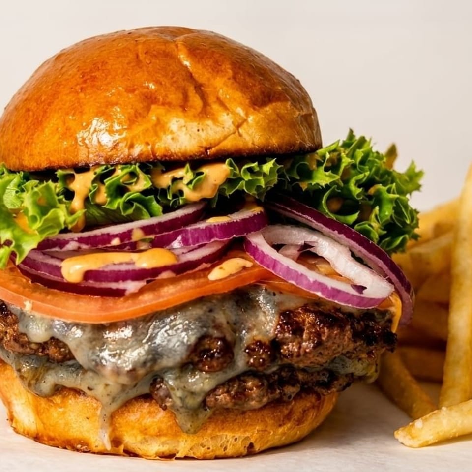 Juicy double cheeseburger with lettuce, tomato, red onion, special sauce, and a side of fries.